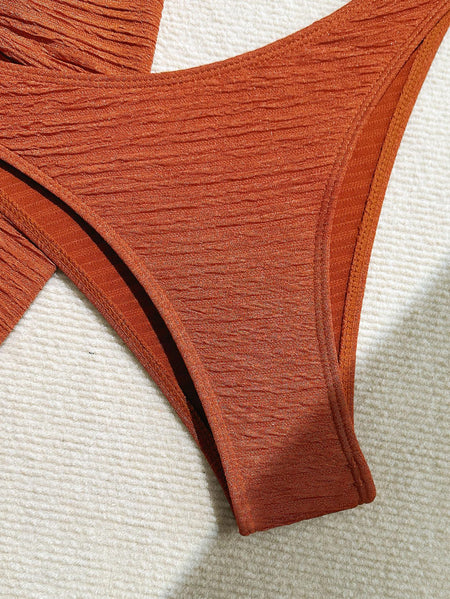 Inaya Summer Bikini Set Of 3 In Rust - close-up of bikini bottom detail - Miss Mosa By Akanksha