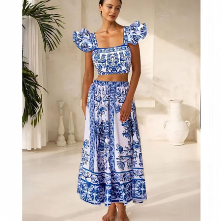 Inaya Swimsuit With Skirt In Blue - full-length shot on model of crop top and skirt - Miss Mosa By Akanksha