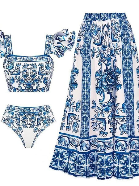 Inaya Swimsuit With Skirt In Blue - flat-lay product shot of bikini and skirt - Miss Mosa By Akanksha