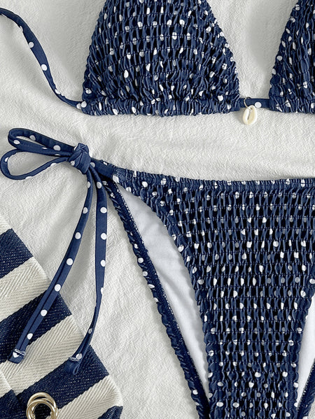 Indigo 2Pcs Polka Bikini Swimsuit - detail shot, navy with white polka dots - Miss Mosa By Akanksha