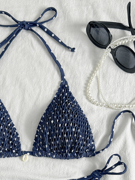 Indigo 2Pcs Polka Bikini Swimsuit - close-up shot, navy with white polka dots - Miss Mosa By Akanksha