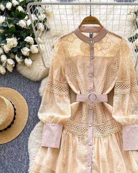 Ines Embroidered Shirt Mini Dress With Belt - flat-lay shot, cream with beige trim - Miss Mosa By Akanksha