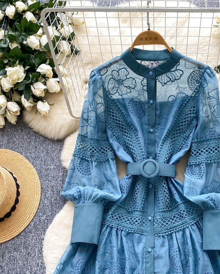 Ines Embroidered Shirt Mini Dress With Belt - flat-lay shot, teal blue - Miss Mosa By Akanksha