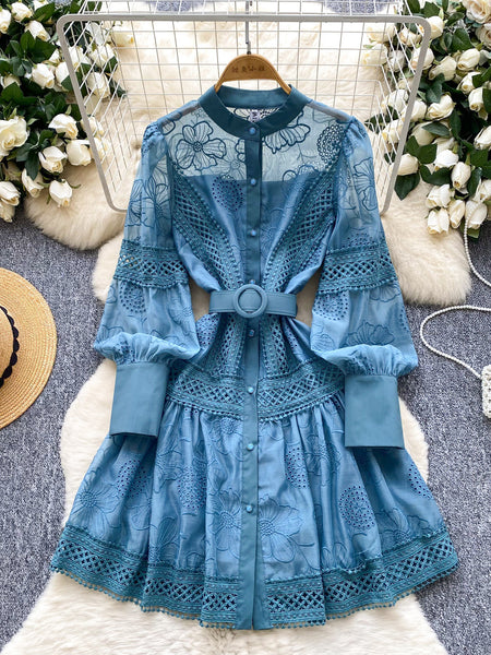 Ines Embroidered Shirt Mini Dress With Belt - flat-lay shot, teal blue - Miss Mosa By Akanksha