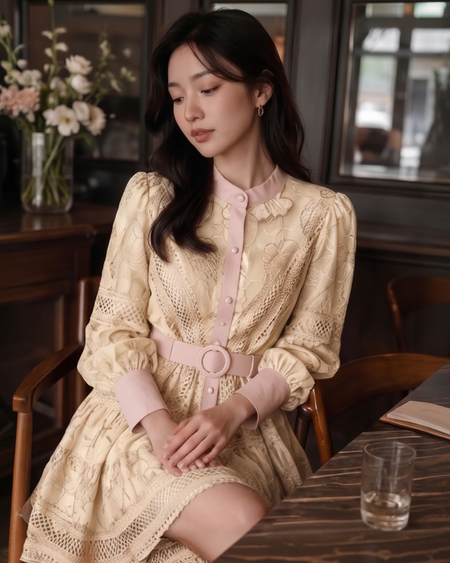 Ines Embroidered Shirt Mini Dress With Belt - seated shot, cream with pink trim - Miss Mosa By Akanksha