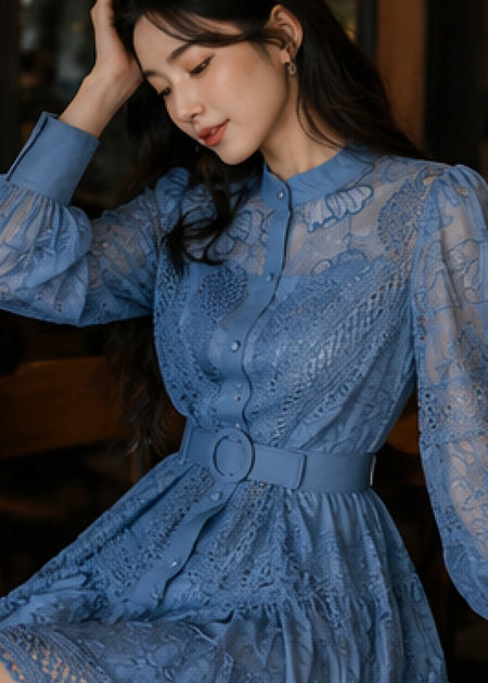 Ines Embroidered Shirt Mini Dress With Belt - front close-up shot, blue - Miss Mosa By Akanksha
