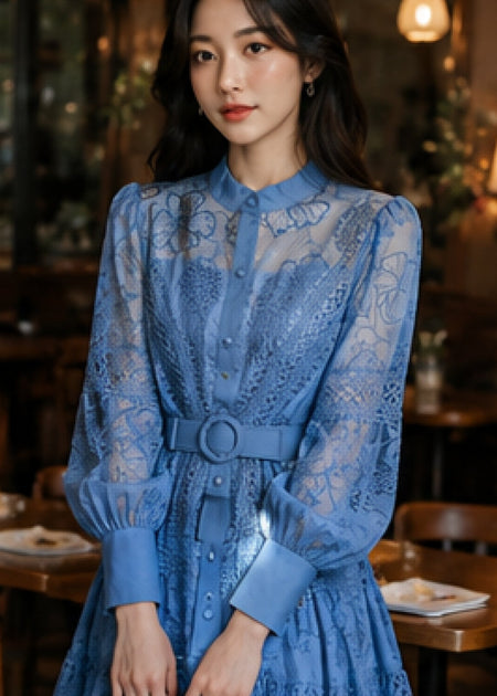 Ines Embroidered Shirt Mini Dress With Belt - three-quarter shot, blue - Miss Mosa By Akanksha