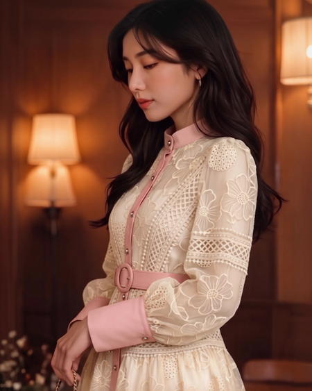 Ines Embroidered Shirt Mini Dress With Belt - side shot, cream with pink trim - Miss Mosa By Akanksha