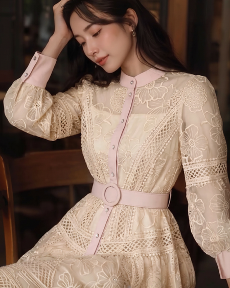 Ines Embroidered Shirt Mini Dress With Belt - seated shot, cream with pink trim - Miss Mosa By Akanksha
