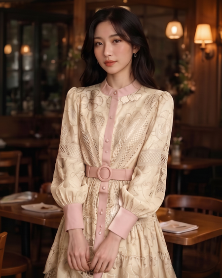 Ines Embroidered Shirt Mini Dress With Belt - front shot, cream with pink trim - Miss Mosa By Akanksha