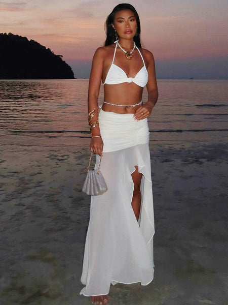 Inessa Summer Holiday Coord Set - Resortwear In White - full-length shot on model on beach - Miss Mosa By Akanksha
