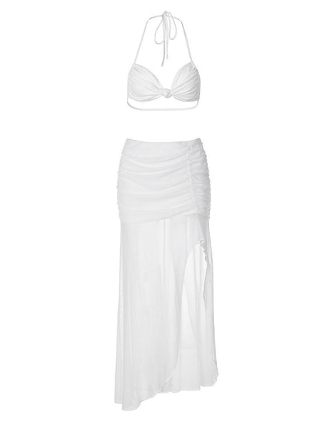 Inessa Summer Holiday Coord Set - Resortwear In White - flat-lay product shot of top and skirt - Miss Mosa By Akanksha
