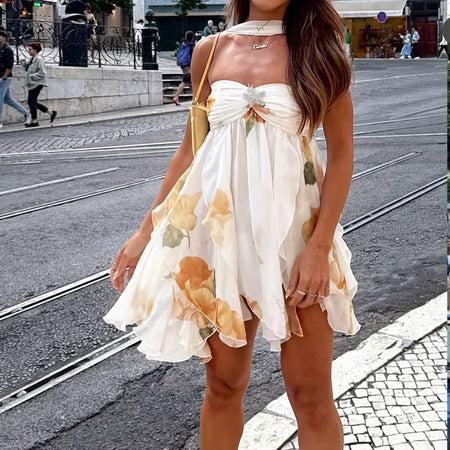 Inez Floral Ruffle Mini Dress - full-length front shot, cream with orange floral print - Miss Mosa By Akanksha