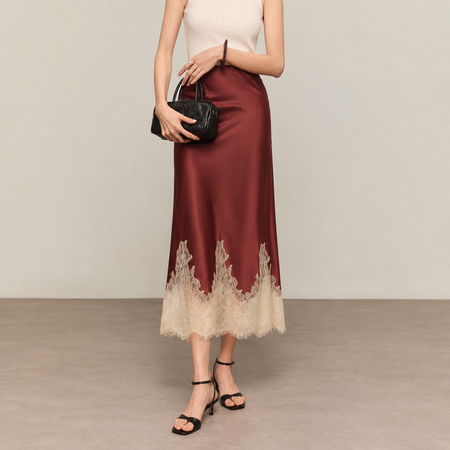 Inger Satin Lace Midi Skirt - close-up shot, burgundy with cream lace - Miss Mosa By Akanksha