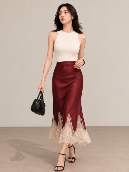 Inger Satin Lace Midi Skirt - full-length front shot, burgundy with cream lace - Miss Mosa By Akanksha