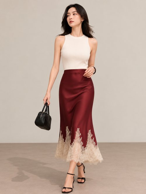 Inger Satin Lace Midi Skirt