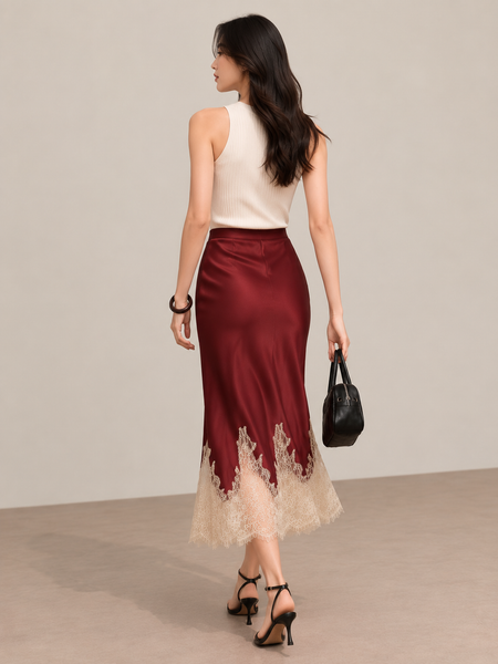 Inger Satin Lace Midi Skirt - back shot, burgundy with cream lace - Miss Mosa By Akanksha