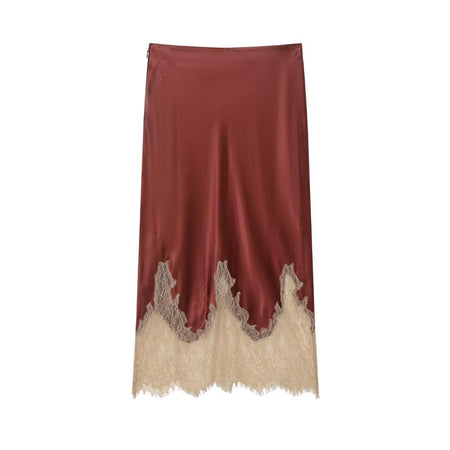 Inger Satin Lace Midi Skirt - flat-lay shot, burgundy with cream lace - Miss Mosa By Akanksha