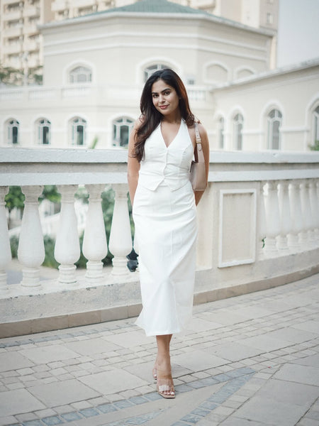 Ira Statement Vest Suit with Skirt In White - full-length shot on model, white - Miss Mosa By Akanksha