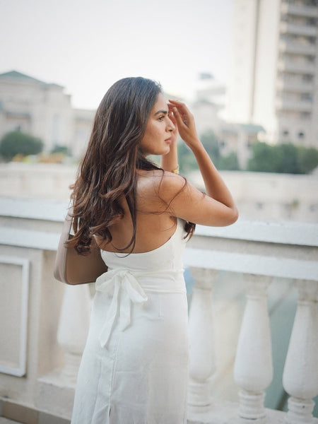Ira Statement Vest Suit with Skirt In White - back shot on model, white - Miss Mosa By Akanksha