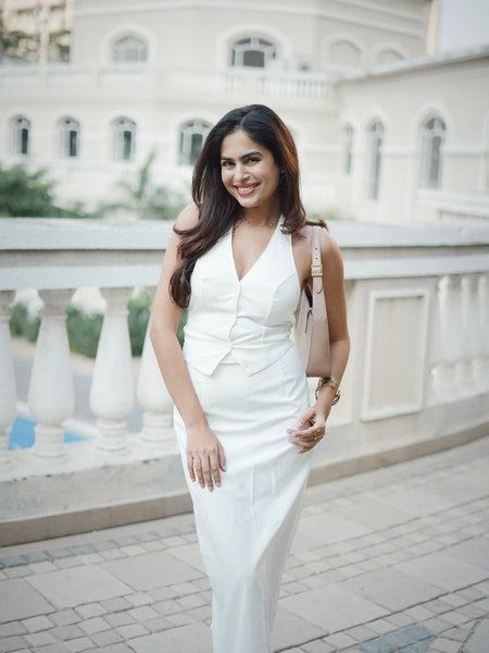 Ira Statement Vest Suit with Skirt In White - front shot on model, white - Miss Mosa By Akanksha