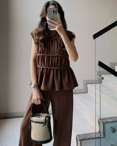 Iraida Summer Co-Ord Set In Brown - front mirror shot on model - Miss Mosa By Akanksha
