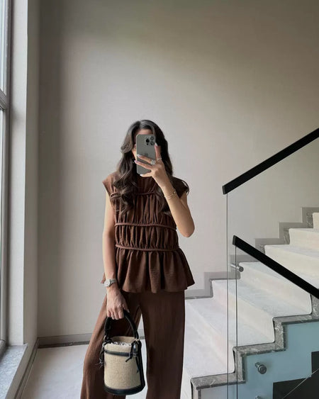 Iraida Summer Co-Ord Set In Brown - full-length mirror shot on model - Miss Mosa By Akanksha