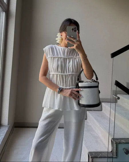 Iraida Summer Co-Ord Set In White - front mirror shot on model - Miss Mosa By Akanksha