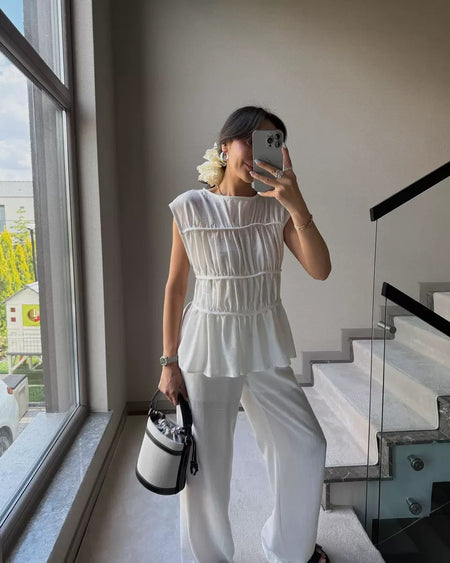Iraida Summer Co-Ord Set In White - front mirror shot on model - Miss Mosa By Akanksha