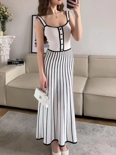 Irica Striped Soft Knit Dress In White - front shot on model taking a mirror selfie - Miss Mosa By Akanksha