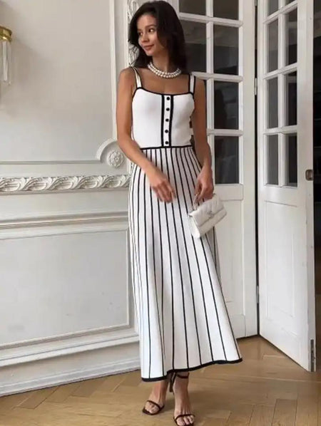 Irica Striped Soft Knit Dress In White - full-length front shot on model - Miss Mosa By Akanksha