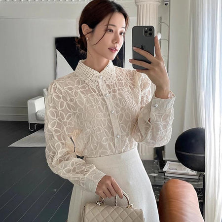 Irina Embroidered Formal Shirt In Off-White - front shot on model - Miss Mosa By Akanksha