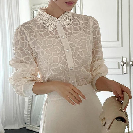 Irina Embroidered Formal Shirt In Off-White - front shot on model - Miss Mosa By Akanksha