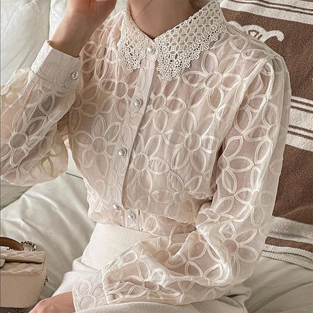 Irina Embroidered Formal Shirt In Off-White - front shot on model seated - Miss Mosa By Akanksha