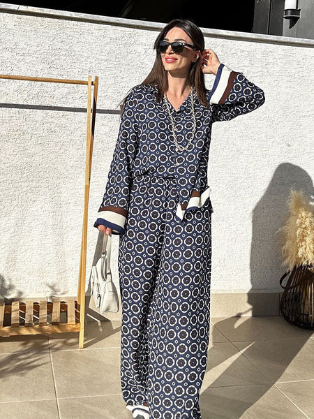 Irina Printed Coord Set - full-length shot on model, navy blue and off-white - Miss Mosa By Akanksha