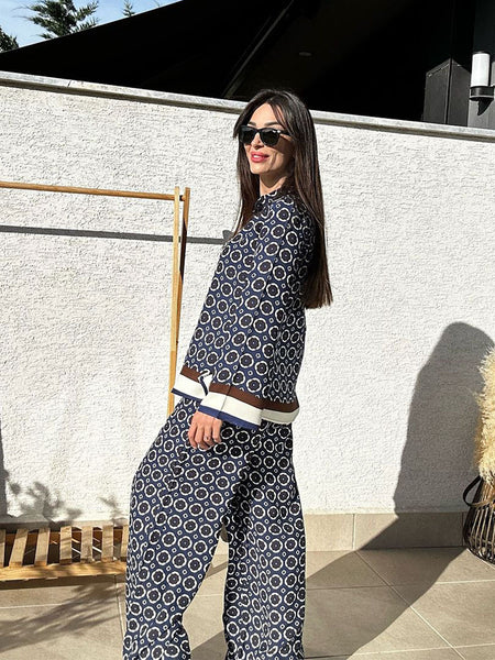 Irina Printed Coord Set - side shot on model, navy blue and off-white - Miss Mosa By Akanksha