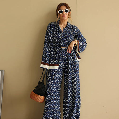Irina Printed Coord Set - full-length shot on model, navy blue and off-white - Miss Mosa By Akanksha