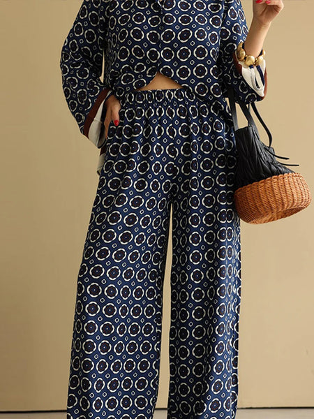 Irina Printed Coord Set - close-up shot on model, navy blue and off-white - Miss Mosa By Akanksha