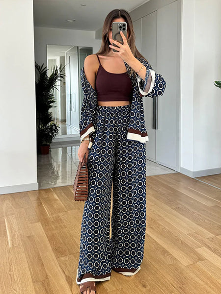 Irina Printed Coord Set - full-length mirror selfie shot on model, navy blue and off-white - Miss Mosa By Akanksha