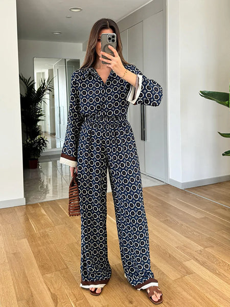 Irina Printed Coord Set - full-length mirror selfie shot on model, navy blue and off-white - Miss Mosa By Akanksha