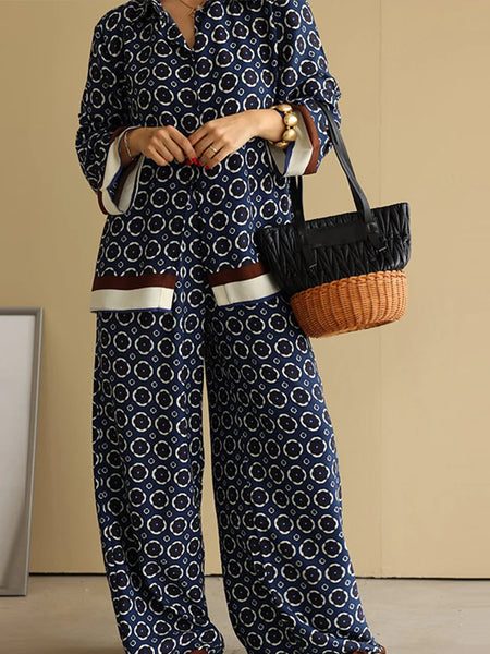 Irina Printed Coord Set - front shot on model, navy blue and off-white - Miss Mosa By Akanksha