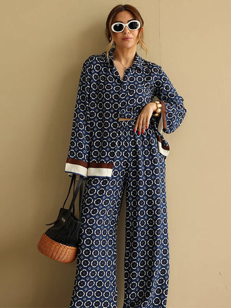 Irina Printed Coord Set - front shot on model, navy blue and off-white - Miss Mosa By Akanksha