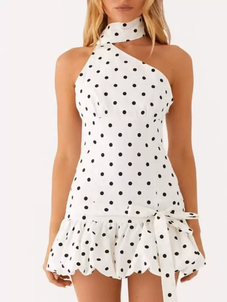 Iris Balloon Polka Mini Dress With Belt - front shot, white with black polka dots - Miss Mosa By Akanksha