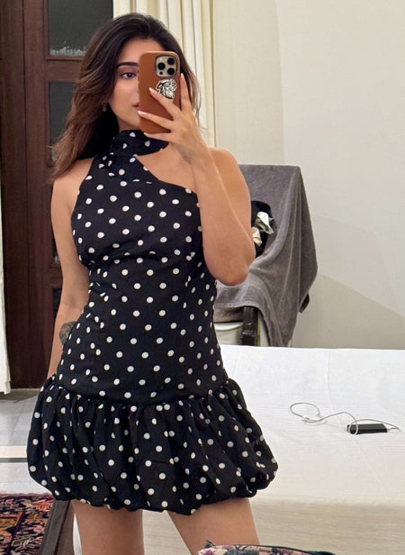 Iris Balloon Polka Mini Dress With Belt - styled shot, black with white polka dots - Miss Mosa By Akanksha
