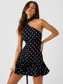 Iris Balloon Polka Mini Dress With Belt - three-quarter shot, black with white polka dots - Miss Mosa By Akanksha