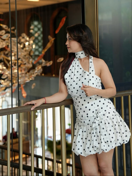 Iris Balloon Polka Mini Dress With Belt - side shot, white with black polka dots - Miss Mosa By Akanksha