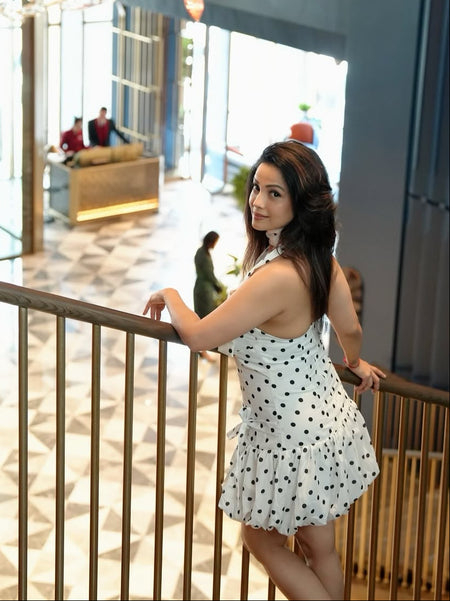 Iris Balloon Polka Mini Dress With Belt - back shot, white with black polka dots - Miss Mosa By Akanksha