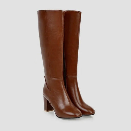 Isabelle Leather Boots - front shot on hanger, brown - Miss Mosa By Akanksha