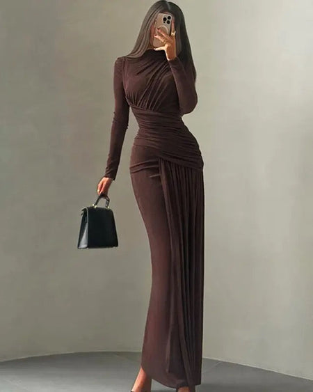 Isadora Luxe Bodycon Gathered Dress In Brown - full-length shot on model - Miss Mosa By Akanksha