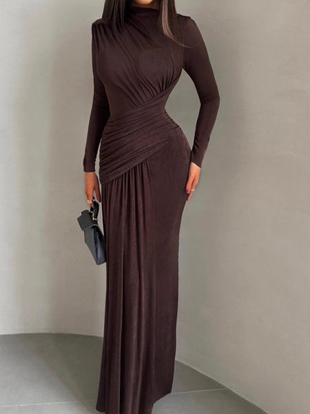 Isadora Luxe Bodycon Gathered Dress In Brown - front shot on model - Miss Mosa By Akanksha